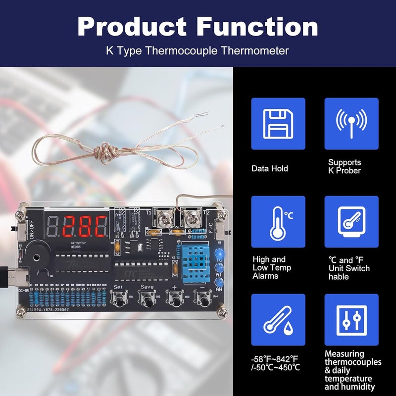 IS Thermocouple Thermometer DIY Kit, DC 4.5-5V Digital Temperature Humidity Sensor Soldering Project with High Low Temperature Warning -58℉ to 842℉ Thermocouple Soldering Kit for Back to School Education - Image 3